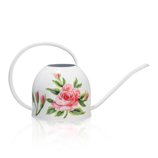 MOYEE Small White Metal Long Spout Watering Can Outdoor Indoor Spray Bottle for Plants Hand Drawn Patterns,1/2 Gallon Plant Mister Durable Metal Structure Lawn Garden Watering Equipment
