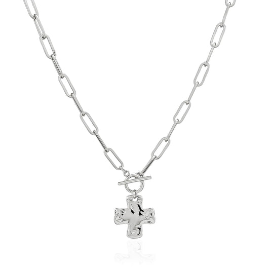 Bheop Chunky Cross Necklace for Women Trendy Silver Plated Statement Cross Pendant Charm Necklace Toggle Clasp Long Big Paperclip Faith Chain Costume Jewelry Gift Non Tarnish 2.5CM