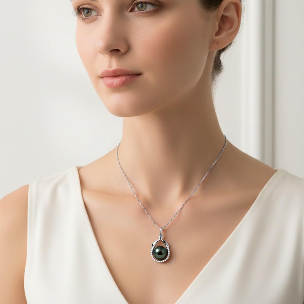 Tahitian Black Pearl Necklace for Women - Gift for Wife, Mom, Sister, Jewelry Gifts for Wedding Anniversary Birthday Christmas, 9-10mm Seawater Pearl with Sterling Silver Moissanite Necklaces Pendant