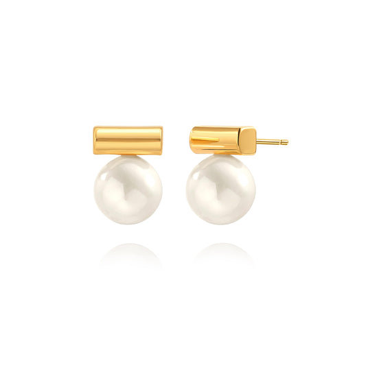10mm Shell Pearl Drop Earrings, 18k Gold Plated Bar Stud Earrings, Dainty Wedding Jewelry