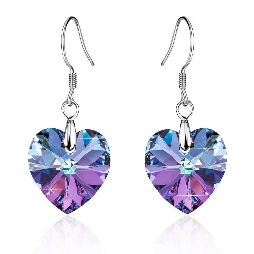 Austrian Crystal Heart Drop Dangle Earrings for Women 925 Sterling Silver Hook Hypoallergenic Earring (Vitrail Light)