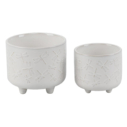 Flora Bunda 6IN & 4.75 in All Over Dragonfly Ceramic Footed Planter, Set of 2