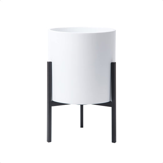 D'vine Dev Mid Century Fiberglass Resin Planter Pot with Iron Stand, 8 inch, Matte White, 96-A-1-S