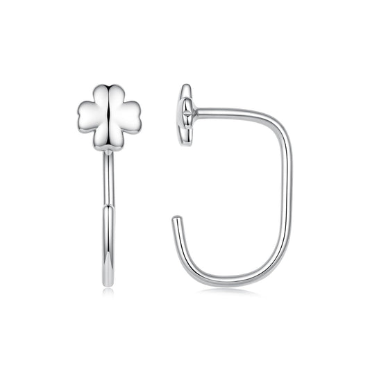 BISAER 925 Sterling Silver Heart Star Small Hoop Earrings, Hypoallergenic Backless Earrings Cartilage Earrings for Women, Dainty Sleeper Earrings with No Back Half Hoop Earrings Jewelry Gift for Her (Clover)