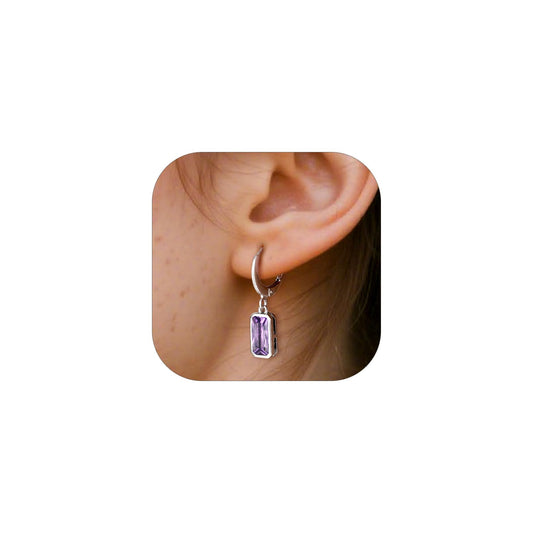 Bestyle Created Alexandrite Purple Drop Birthstone Earrings for Women - Baguette Earrings Small Silver Dangle Hoop Earrings for Women - Dainty Cute Earrings for Birthday Wedding Party