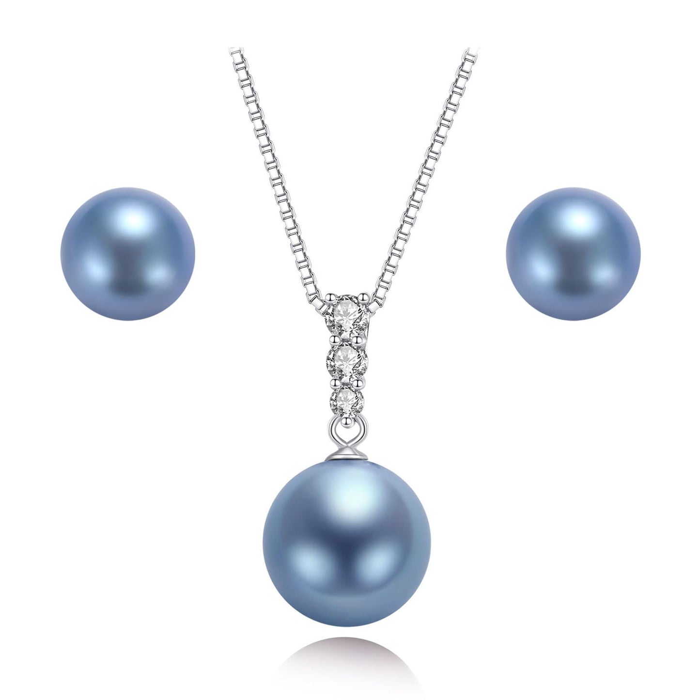 YAMI Blue Pearl Necklace and Earrings Set, Akoya Cultured Blue Pearl Round,925 Sterling Silver Jewelry Set Plated with White Gold, Jewelry Gifts for Women for Anniversary Birthday Christmas Day