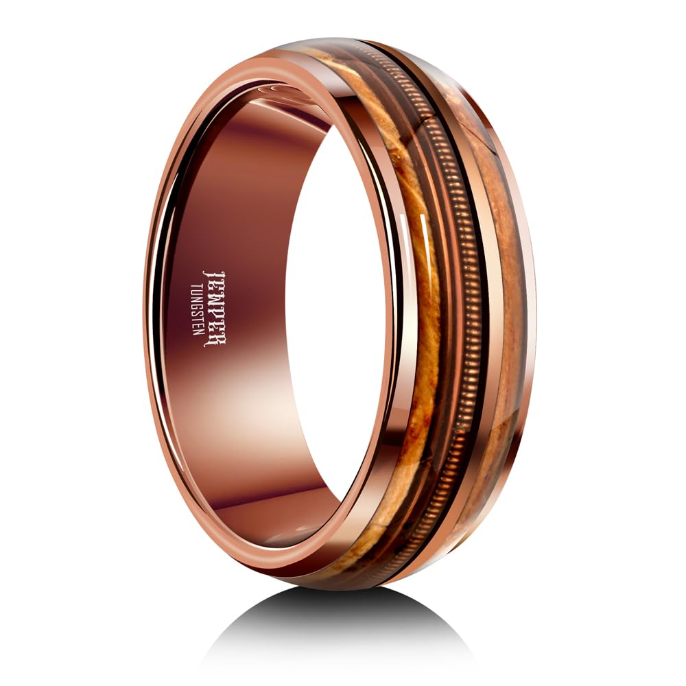 JEWPER 8mm Men Womens Wedding Band Tungsten Rings Brown Fashion Promise Carbide Inlaid Guitar Strings Whiskey Barrel Wood Matte Finish Edge Comfort Fit size 7-12(7)