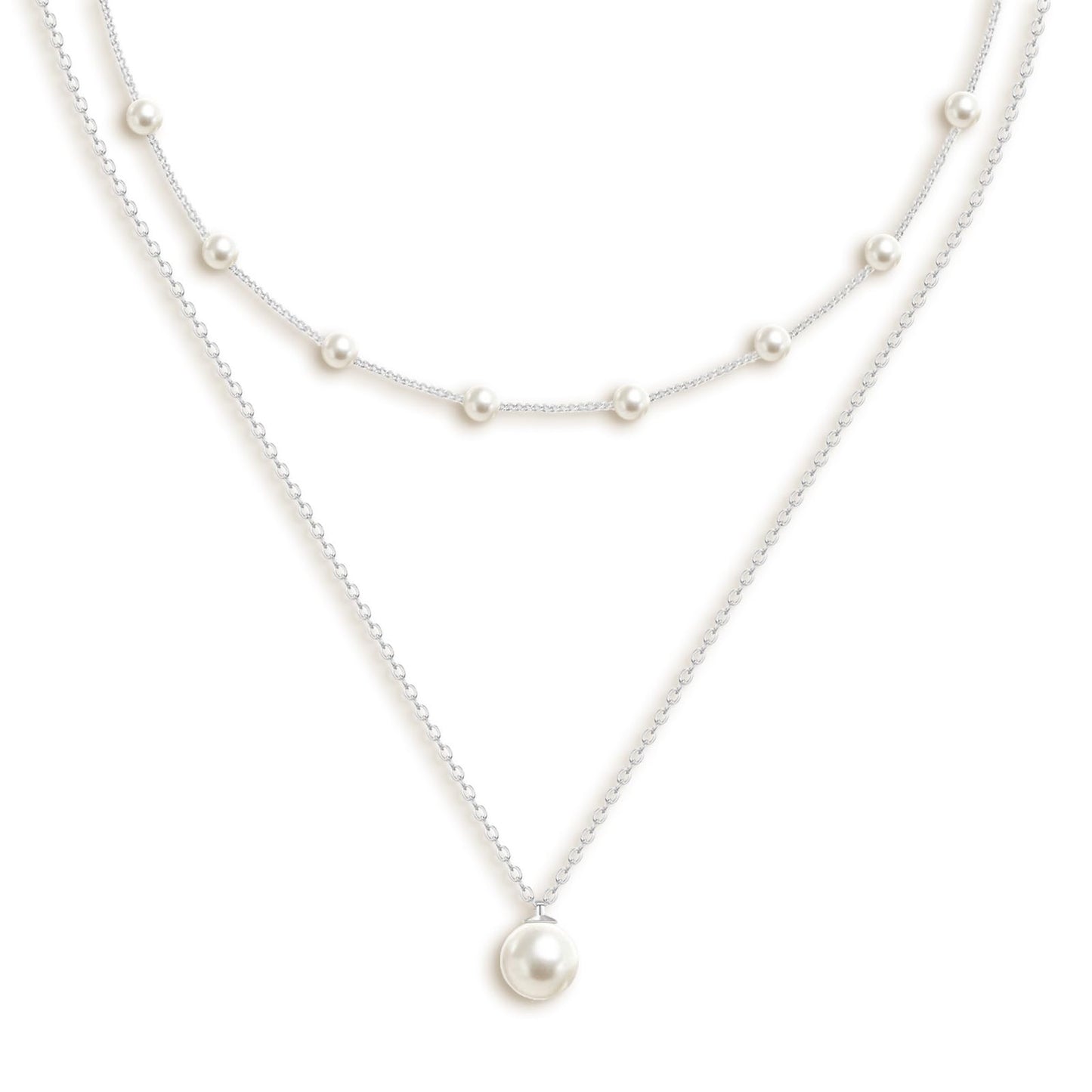 OGD Pearl Necklace for Women Trendy Layered 925 Silver Plated Dainty Pearl Pendant Choker Set Handmade Pearls Silver Necklace Stack Simple Cute Jewelry Gifts for Women