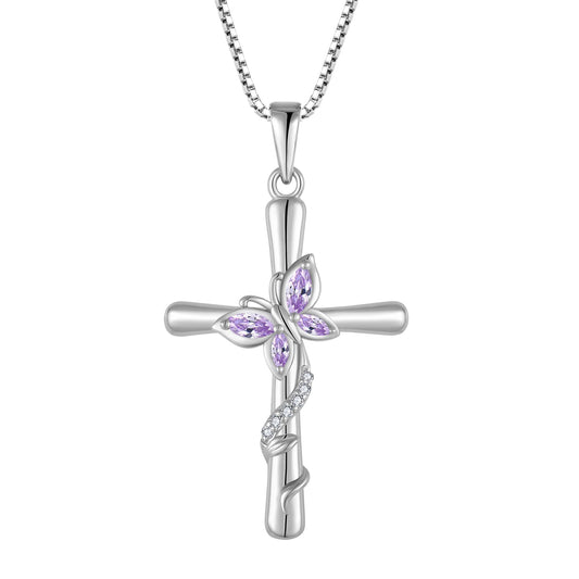 Blaniy Cross Necklace for Women 925 Sterling Silver Butterfly Necklace Alexandrite Pendant Necklaces June Birthstone Jewelry Gifts for Women