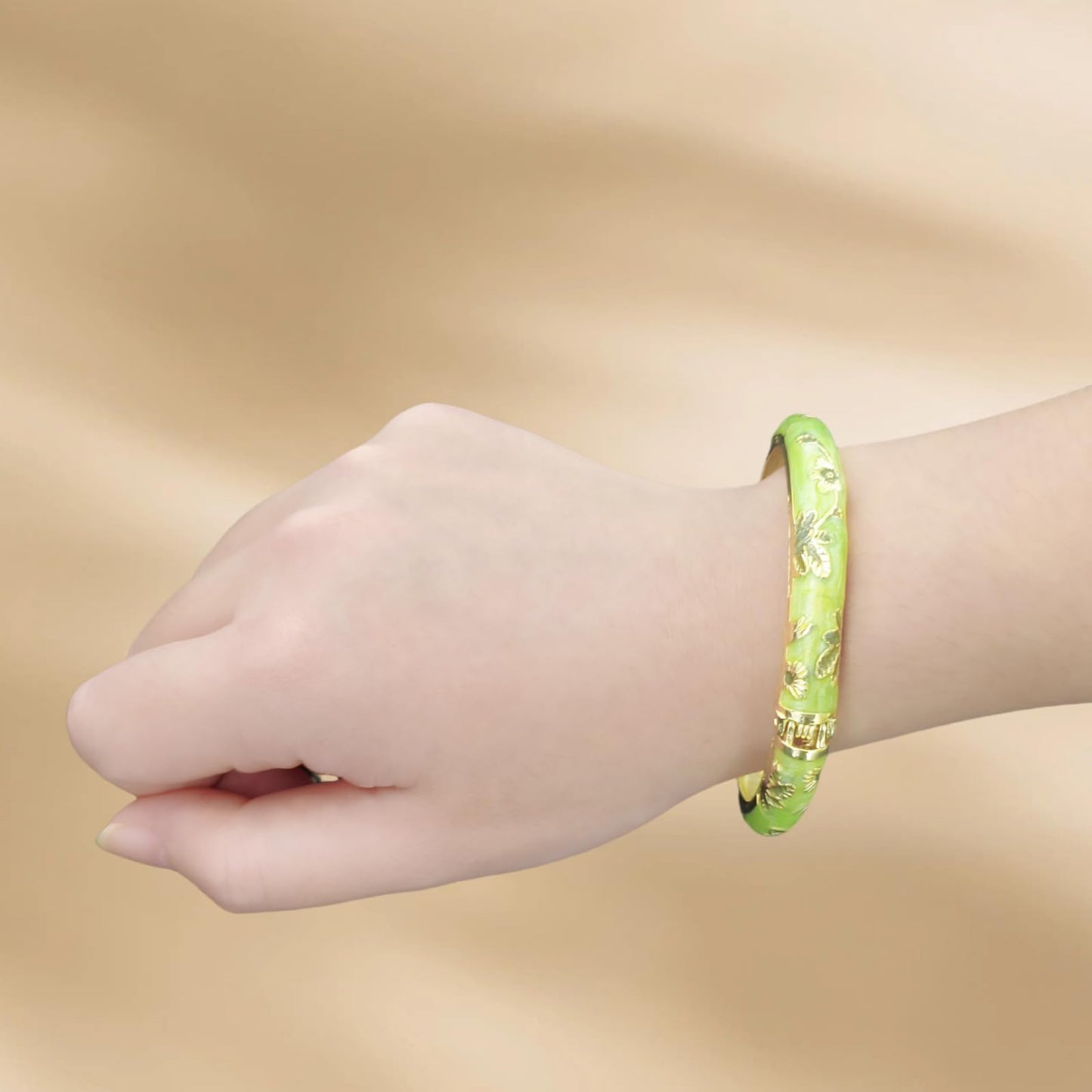 BlingNook Cloisonne Bracelet For Women, Chunky Bangle Trendy Cute Flower Enamel Bangles Multi Tone Engraved Cuff Gold Plated Bracelets Stackable Wife Jewelry Friendship Gift (Dark Green, One Size)