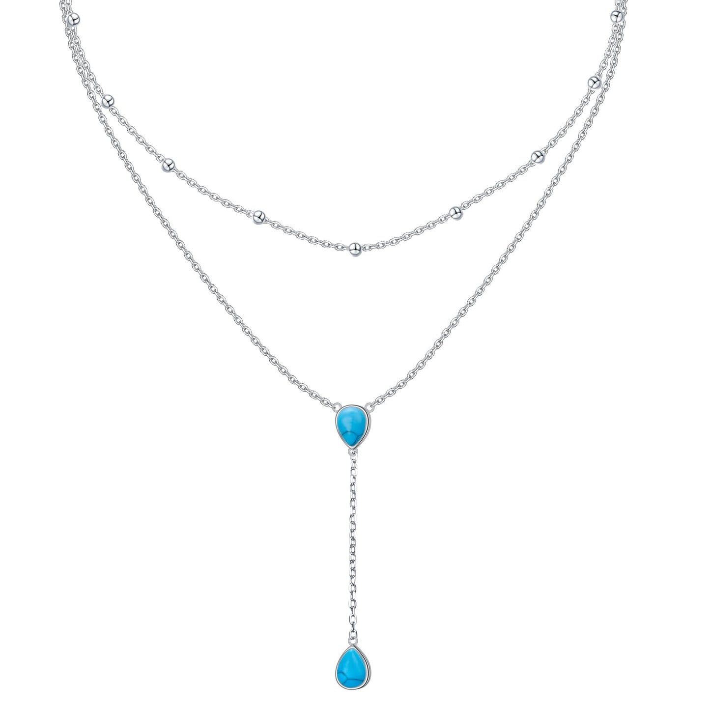FLYOW S925 Sterling Silver Double Layered Necklace Teardrop Created Turquoise Choker Y Lariat Necklace Mothers Day Birthday Gifts for Women Wife Fiancée
