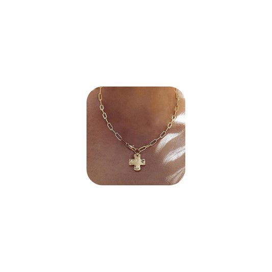 Bheop Chunky Cross Necklace for Women Trendy 14K Real Gold Plated Statement Cross Pendant Charm Necklace Long Big Paperclip Faith Chain Costume Jewelry Gift Non Tarnish 2.5CM