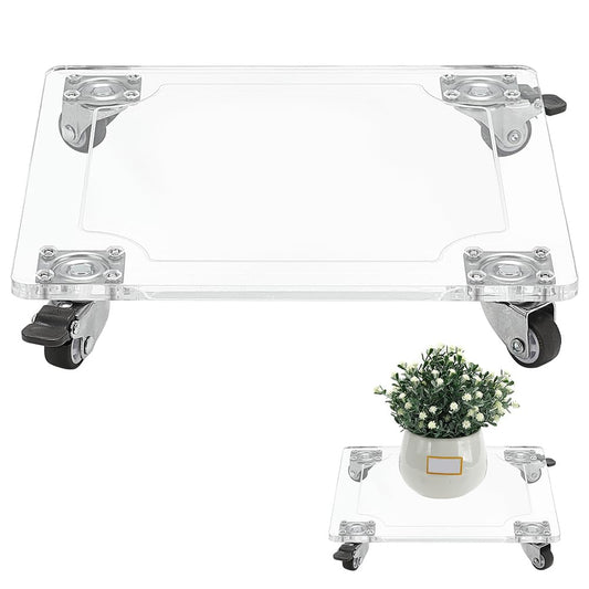 BENECREAT Acrylic Plant Caddy Heavy Duty 30Kg /66lbs Capacity, 10x10inch Square Clear Plant Pots Stands with 4 Rubber Wheels, Lockable Plant Stand for Indoor Outdoor Planter Display