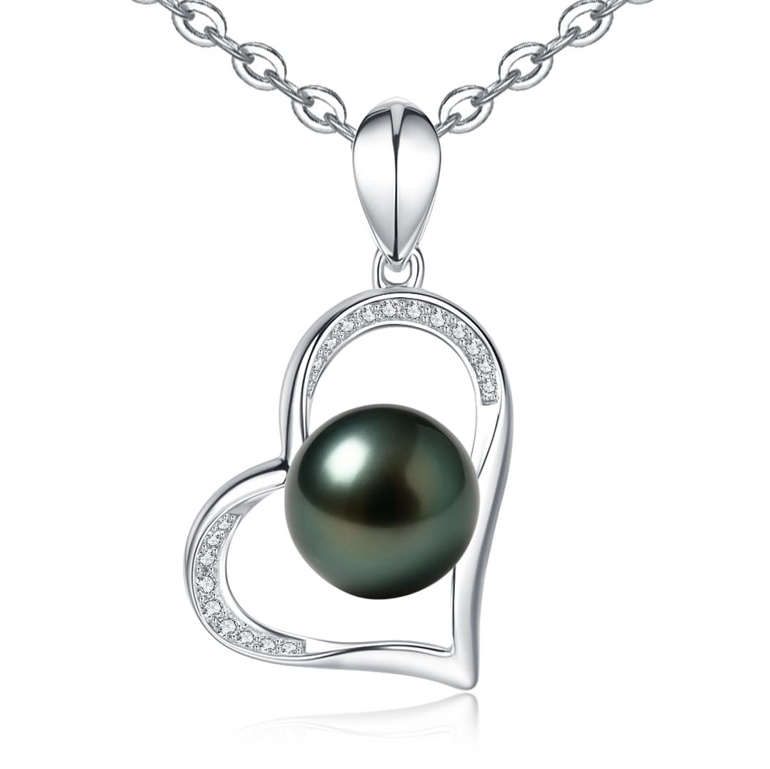 Genuine Tahitian Black Pearl Necklace - Christmas Gift for Women Wife, Mom, Jewelry Gifts for Wedding Anniversary Birthday, 9-10mm Seawater Pearl with Sterling Silver Moissanite Love Heart Pendant
