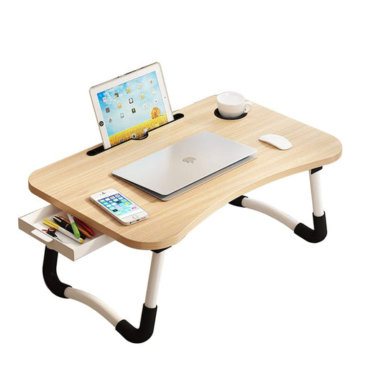 Lap Desk with Storage Drawer, Holders for Cup and Tablet, Laptop Bed Tray Table with Foldable Legs, Laptop Bed Stand, Portable Standing Table for Sofa Couch Floor (23", Walnut)