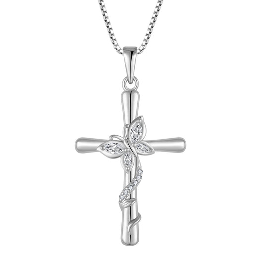 Blaniy Cross Necklace for Women 925 Sterling Silver Butterfly Necklace April Birthstone Pendant Necklaces with Cubic Zirconia Jewelry Gifts for Women