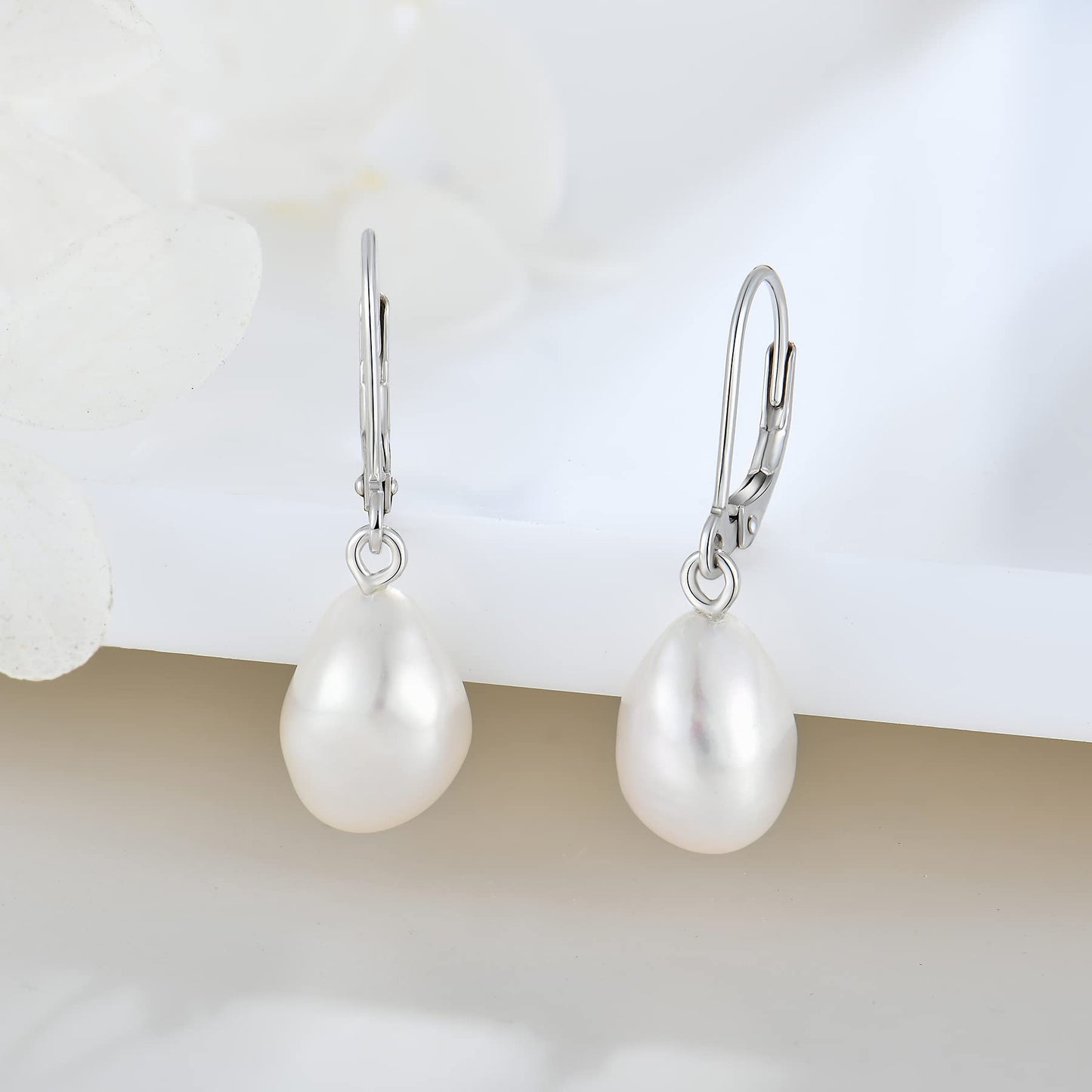 JO WISDOM Pearl Earrings,925 Sterling Silver 10 * 12mm Freshwater Cultured Pearl Leverback Drop & Dangle Earrings for Women Wedding