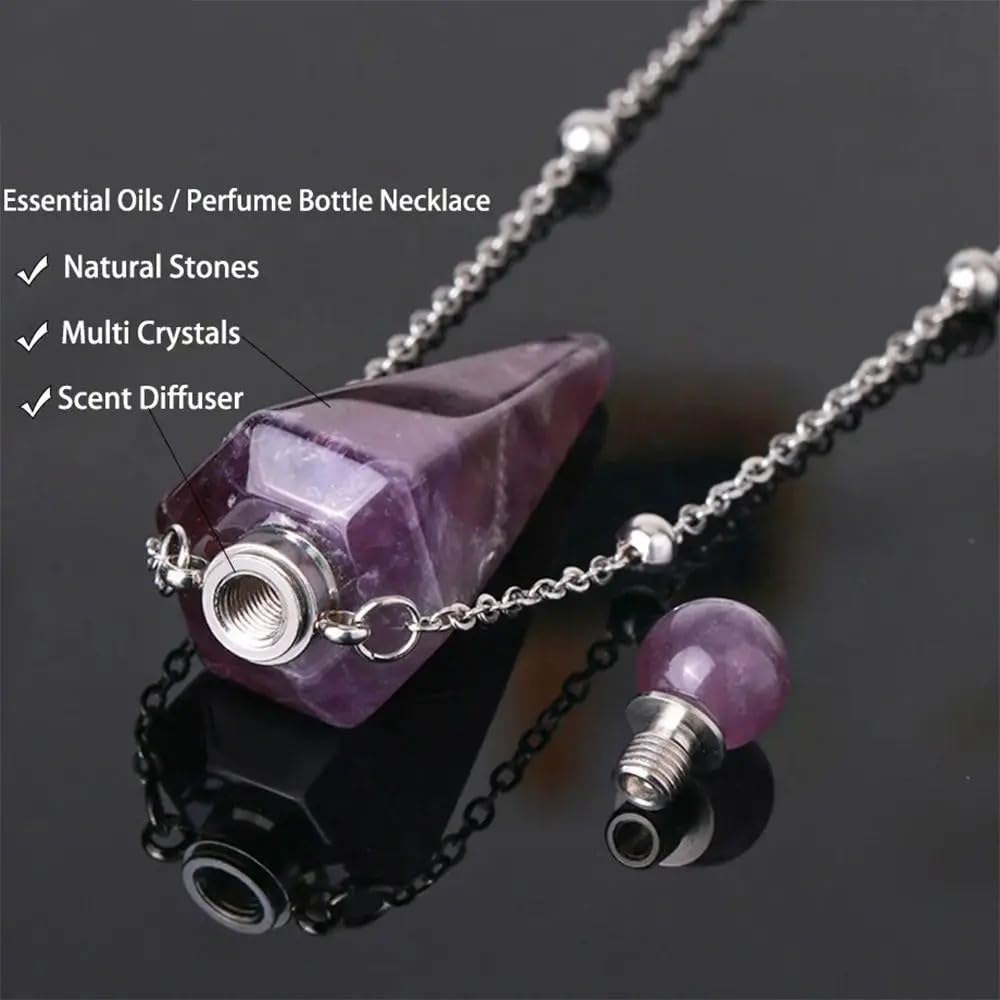 925 Sterling Silver Essential Oil Necklace For Women And Men, Natural Crystal Stone Cone Shape Pendant Necklace Healing Perfume Bottle Necklace Essential Oil Pendant Necklace (9 - Essential Oil Necklace)