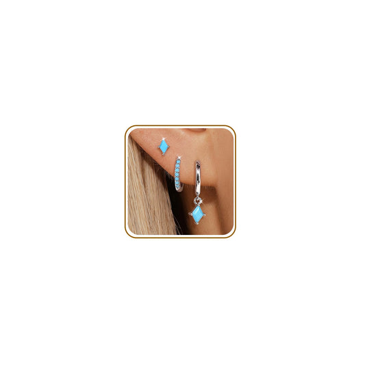 3 Pairs Silver Turquoise Earrings Set for Women, Dainty Sterling Silver Hypoallergenic Turquoise Dangle Hoop Earring, Trendy Small Silvers Earring Stack, Western Earrings Turquoise Jewelry Gifts