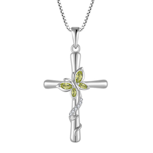 Blaniy Cross Necklace for Women 925 Sterling Silver Butterfly Necklace Peridot Pendant Necklaces August Birthstone Jewelry Gifts for Women