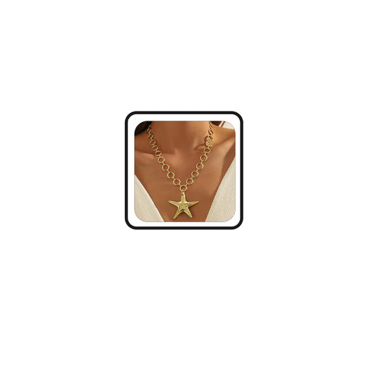 bike8 Gold Starfish Necklace for Women Chunky Big Starfishs Pendant Necklace Summer Beach Ocean Statement Jewelry Outfits Accessories (O-chain starfish)