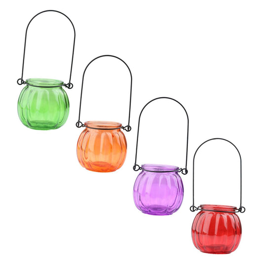 YARNOW 4pcs Pumpkin Shaped Glass Hydroponic Hanging Vase with Iron Handle, Colorful Orange Green Purple Red Plant Terrarium for Home Décor and Flower Arrangement