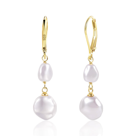 14K Gold Pearl Dangle Earrings for Women 925 Sterling Silver Double Pearl Drop Earrings HypoallergenicLeverback Baroque Irregular Pearls Earring