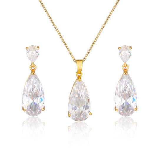 Bridal Jewelry Set for Wedding - 18k Gold Plated Teardrop Cubic Zirconia Crystal CZ Rhinetstone Diamond Necklace Earrings Set for Bride Bridesmaids Mother of Bride Prom Party Formal Jewelry for Women