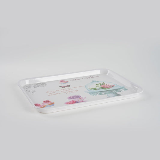 4-Pack Melamine Serving Tray Set - Rectangle Stackable Food Breakfast Fruit Platter with Floral Print for Gift Party Decor Home Restaurant (Cake)