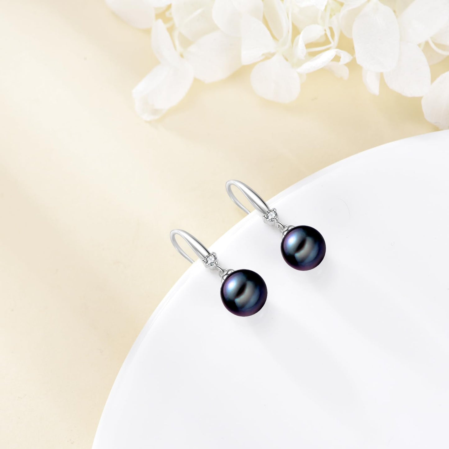 925 Sterling Silver Pearl Leverback Earrings Dangle Drop Birthstone Jewelry Gifts for Women (Black Pearl-January)