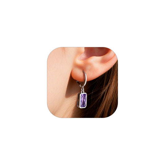 Bestyle Silver February Birthstone Dangle Earrings - Amethyst Crystal Drop Baguette Earrings for Women - Dainty Cute Small Silver Huggie Hoop Dangle Earrings for Birthday Wedding Party Gowns