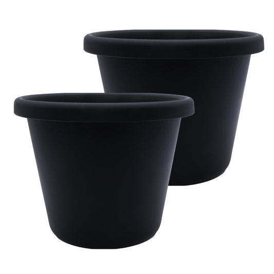 The HC Companies 11.5 Inch Classic Round Planter Pots with Drainage, Rolled Rim Plastic Planters for Indoor & Outdoor Plants, 2-Pack Decorative Flower Pots for Garden, Office & Home Decor, Black