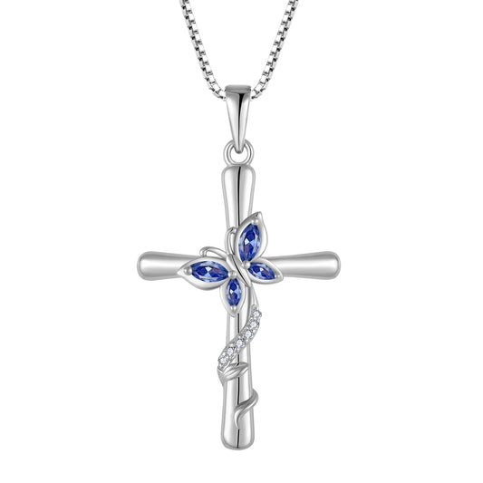 Blaniy Cross Necklace for Women 925 Sterling Silver Butterfly Necklace Tanzanite Pendant Necklaces December Birthstone Jewelry Gifts for Women