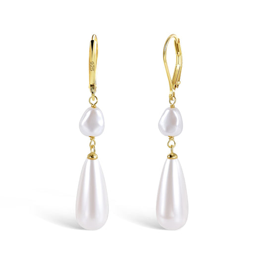 14K Gold Pearl Dangle Earrings for Women 925 Sterling Silver Double Pearl Drop Earrings Leverback Irregular Pearls Hypoallergenic Earring