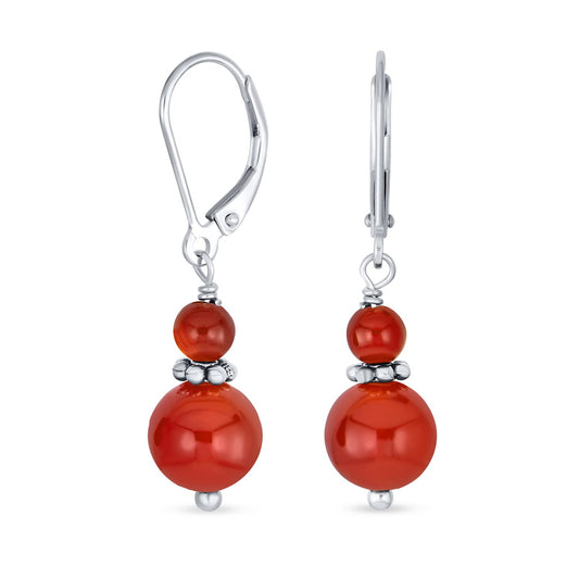 Bling Jewelry Bali Style .925 Sterling Silver Red Carnelian Bead 3MM & 8mm Balls Drop Earrings Milgrain Rondel Separator Lever Back Genuine Gemstone