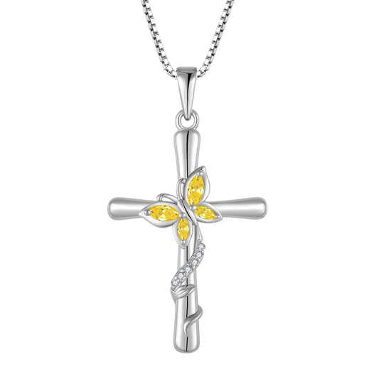 Blaniy Cross Necklace for Women 925 Sterling Silver Butterfly Necklace Citrine Pendant Necklaces November Birthstone Jewelry Gifts for Women