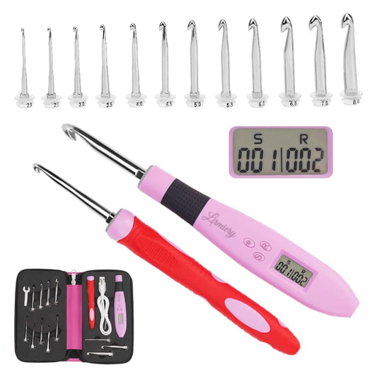 Counting Crochet Hook Set Digital Ergonomic Crochet Hook-LED and 2 Levels Brightness Dimmable Light Up Crochet Hooks& Digital Stitch Counter,Beginner Knitting Kit with 12 Interchangeable Crochet Hooks