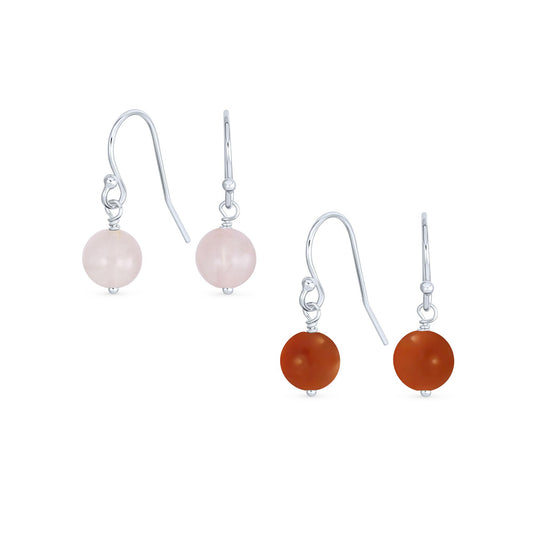 Bling Jewelry Timeless .925 Sterling Silver Red Natural Carnelian & Light Pink Rose Quartz Bead 8mm Ball Drop Earrings Fish Hook Genuine Gemstone(Set of 2)