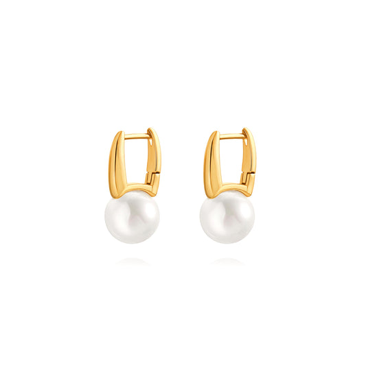 18k Gold Plated Pearl Drop Earrings for Women, Square Hoop Earrings with 12mm Shell Pearl, Dainty Wedding Jewelry for Bridal