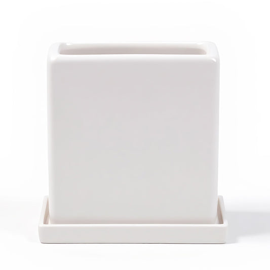 White Ceramic Plant Pots with Saucers, 6 Inch Square Planter Pots Set of 2, Modern Minimalist Medium Flower Pots for Indoor Plants, Snake Plants, Monstera, Home Decor