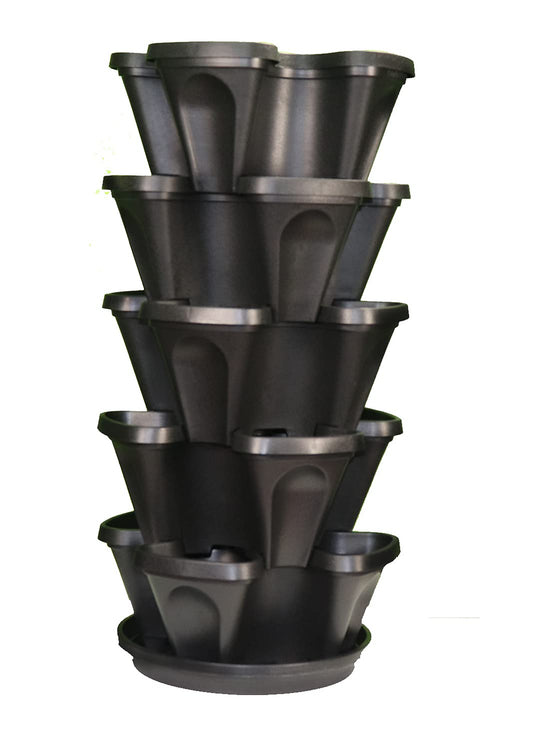 Mr. Stacky 5-Tier 13 inch Strawberry and Herb Garden Planter - Stackable Gardening Pots with 10 Inch Saucer (Black)