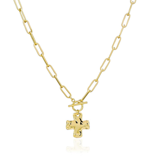 Bheop Chunky Cross Necklace for Women Trendy 14K Real Gold Plated Statement Cross Pendant Charm Necklace Toggle Clasp Long Big Paperclip Faith Chain Costume Jewelry Gift Non Tarnish 2.5CM
