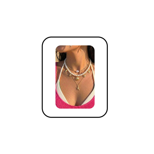 Boho Multi-layered Shell Starfish Necklace Layered Pearl Pendant Choker Necklace Fashionable Clavicle Chain Necklace Seaside Beach Vacation Jewelry for Women (Starfish2)