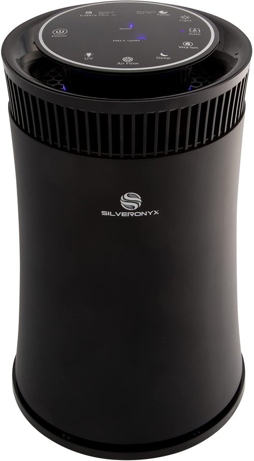 Air Purifier for Home Large Room – 5-in-1 HEPA Filter System, Covers Up to 500 Sq Ft for New Home for Allergies, Pets, Smoke, Remove Dust & Odor, Quiet, High Filtration Efficiency – SILVERONYX, Black