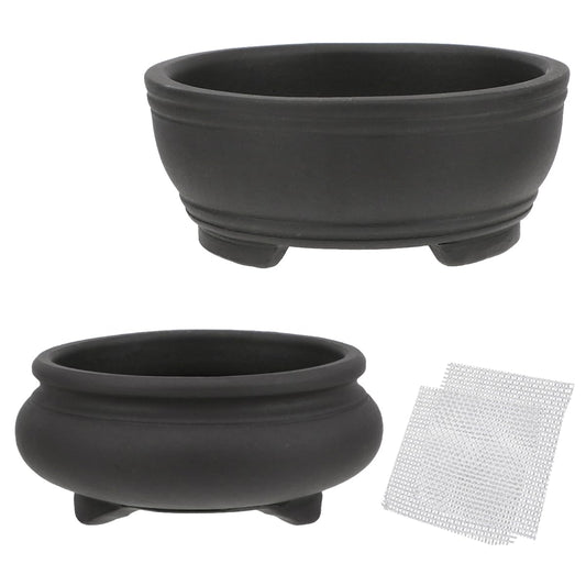 Bonsai Planter 2 pc 3.9" + 4.1" Unglazed Round Ceramic Succulent Pots Set