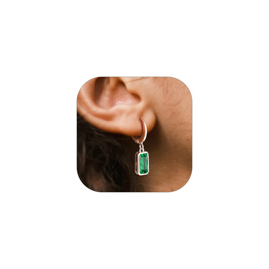 Bestyle Green Emerald Drop Earring with Hypoallergneic Silver Huggie Hoops - Shimmer May Birthstone Dangles Silver Earring for Women - Dainty Cute Earrings for Mom Wife Grandma