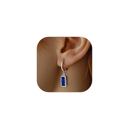Bestyle 925 Sterling Silver September Birthstone Hoop Dangle Earrings - Clear Created Rectangle Sapphire Crystal Drop Blue Earrings - Trendy Cute Women's Small Hoop CZ Dangle Earrings