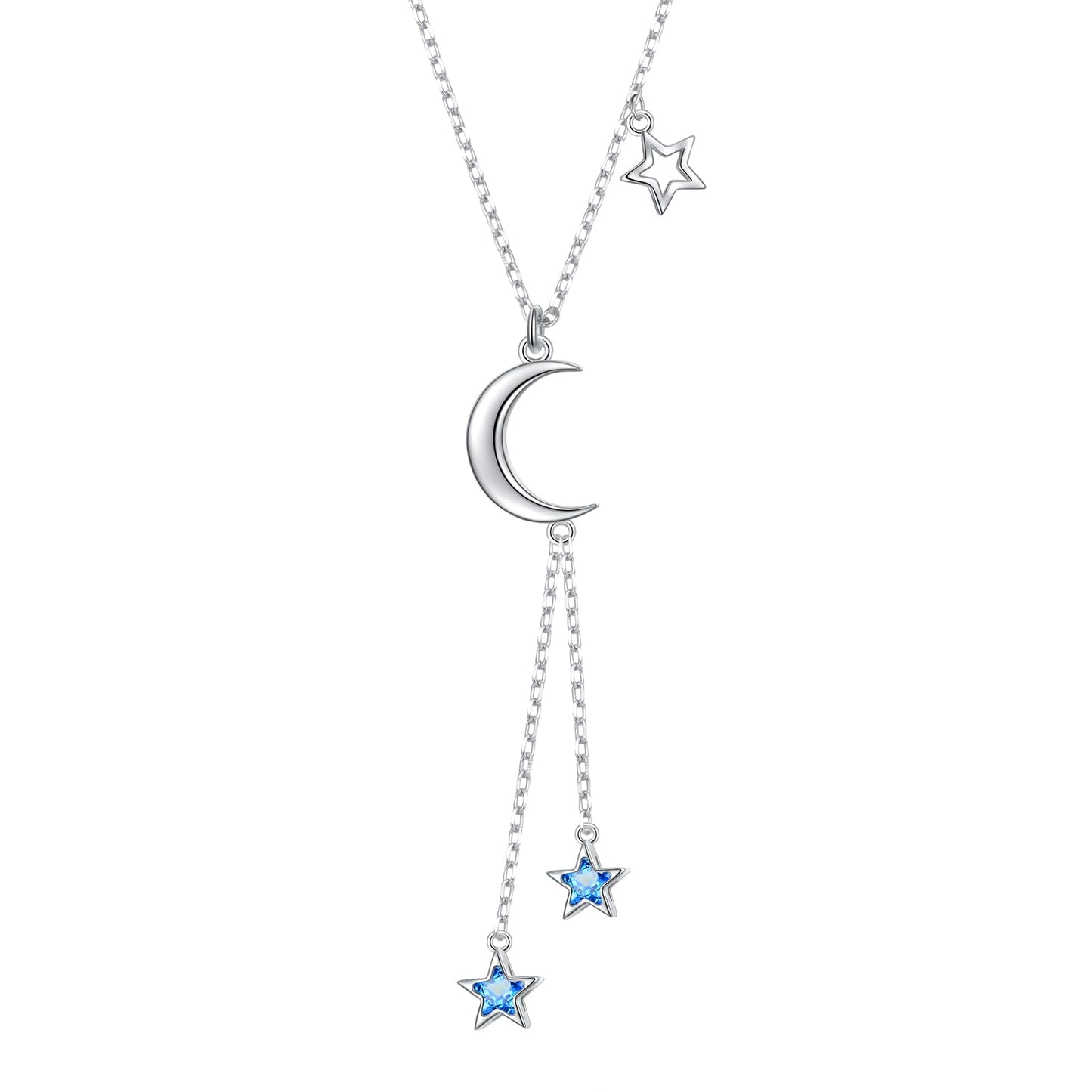 Ladytree 925 Sterling Silver Crescent Moon and Stars Celestial Jewelry Blue Star Synthetic Spinel Pendant Necklace Rolo Chain 18 inches to 20 inches