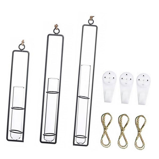 BESTonZON Wall Hanging Hydroponic Glass Test Tube Flower Vase Set with Iron Frame Plant Propagation Tubes for Home Garden Decoration Includes 3 Hemp Ropes and 3 Adhesive Hooks