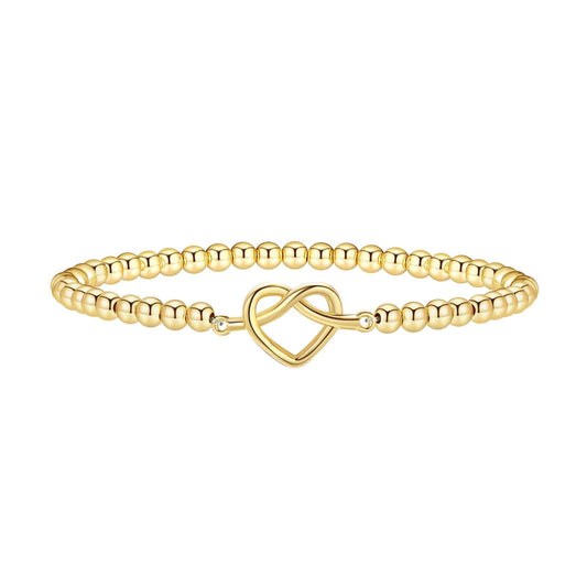 Beaded Bracelets for Women 14K Silver Gold Plated Stretch Handmade Ball Bracelets Cute Charm Bracelet Dainty Stackable Cross Heart Bow Wave CZ Circle Trendy Jewelry Easter Gifts (knot-heart)
